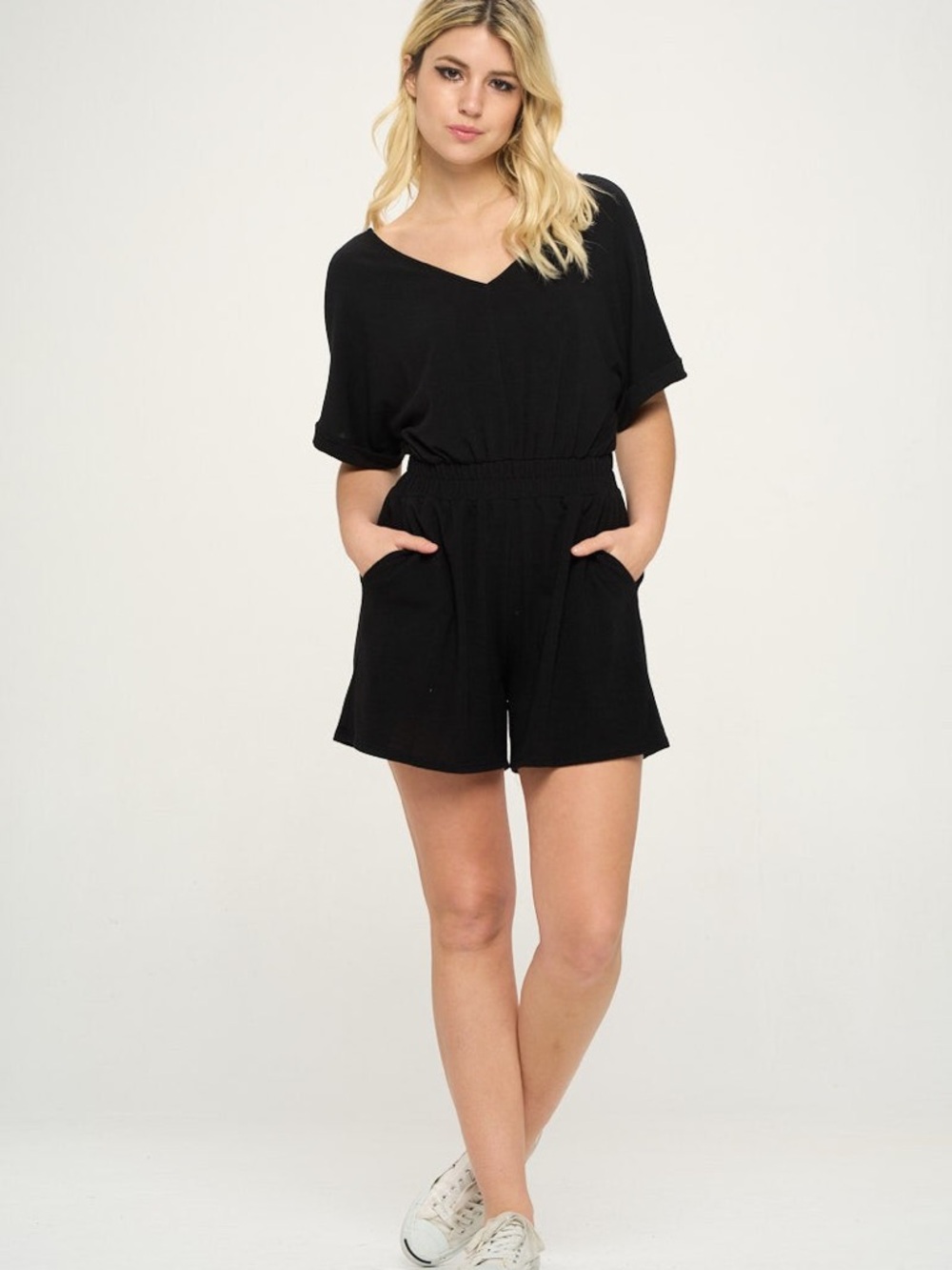 Cherish Black V-Neck Short Sleeve Romper with Pockets